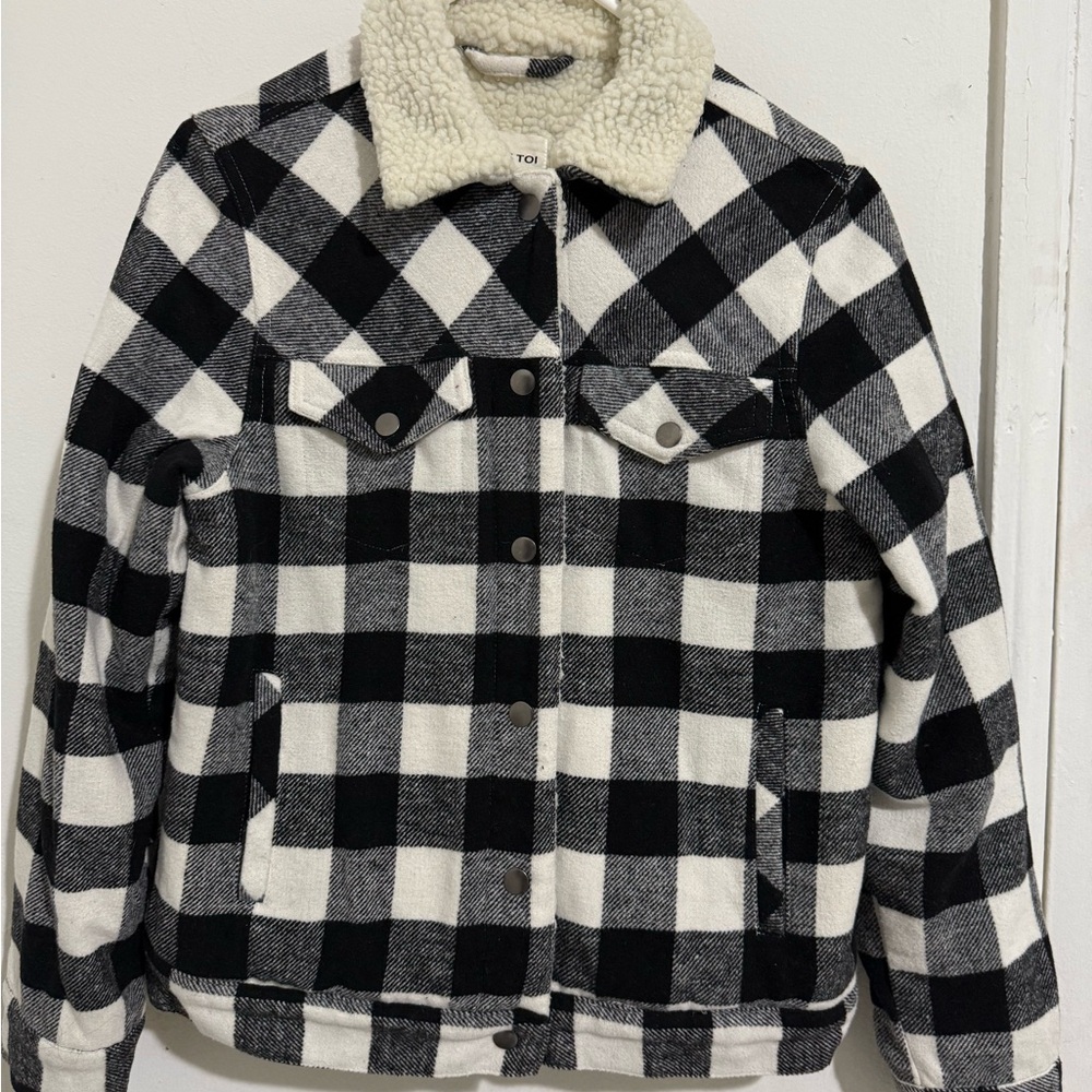 Plaid Black and White Jean Jacket with Sherpa Collar